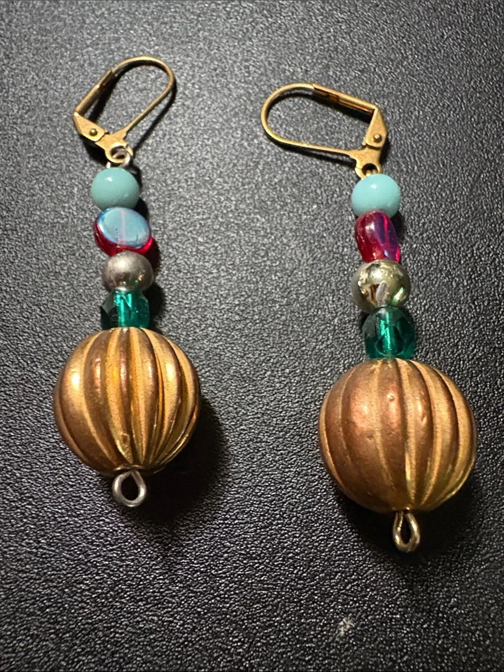 Handmade Gold-Tone Bead Drop Earrings with Turquoise and Green Accents